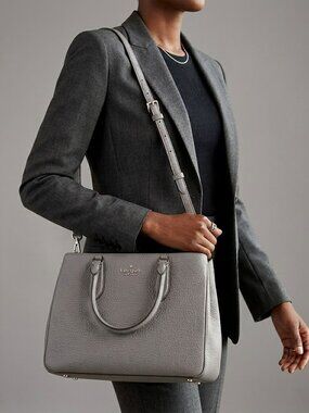 Kate Spade New York Leighton Satchel Purse Shoulder Bag Large Gray Pebbled